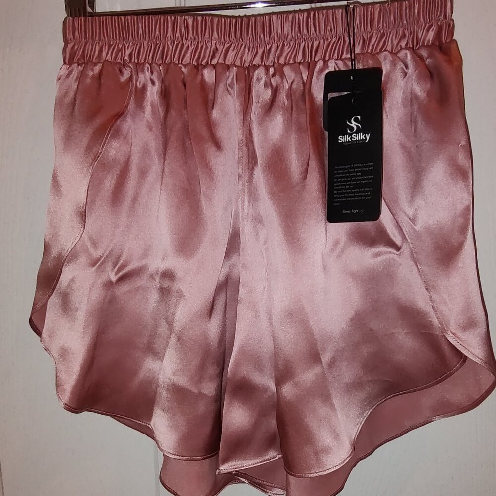 SILK SILKY TULIP LEG SHORTS PALE MAUVE 100% SILK ELASTIC WIDE WAIST BAND SMALL